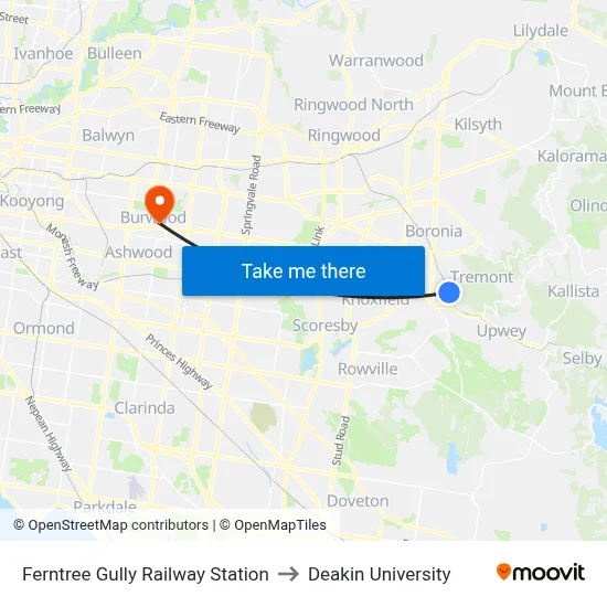 Ferntree Gully Railway Station to Deakin University map