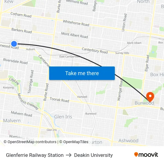 Glenferrie Railway Station to Deakin University map