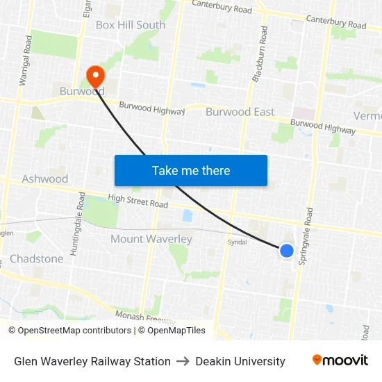 Glen Waverley Railway Station to Deakin University map