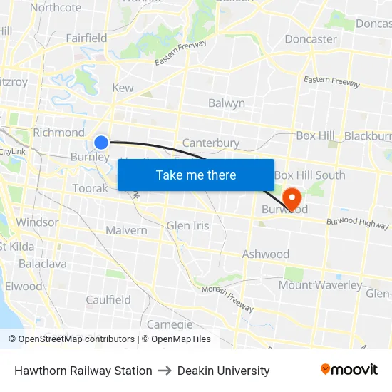 Hawthorn Railway Station to Deakin University map