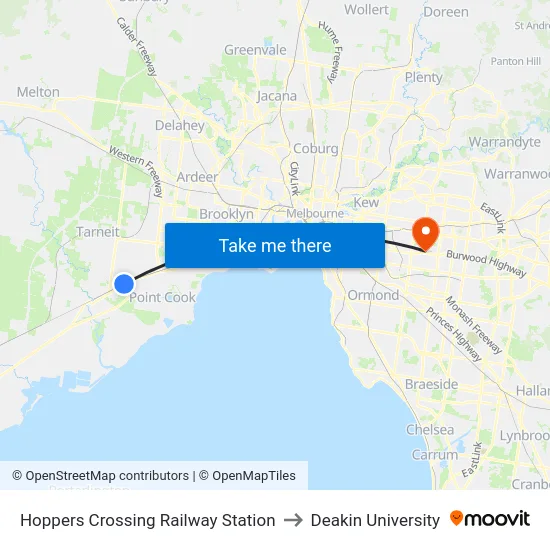 Hoppers Crossing Railway Station to Deakin University map