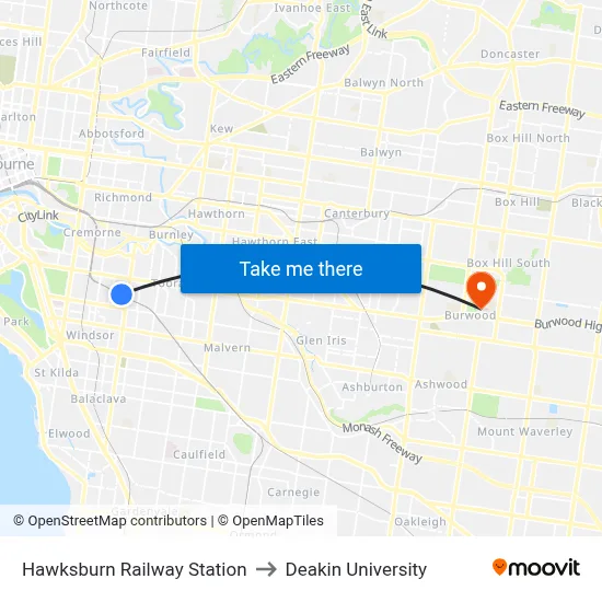 Hawksburn Railway Station to Deakin University map