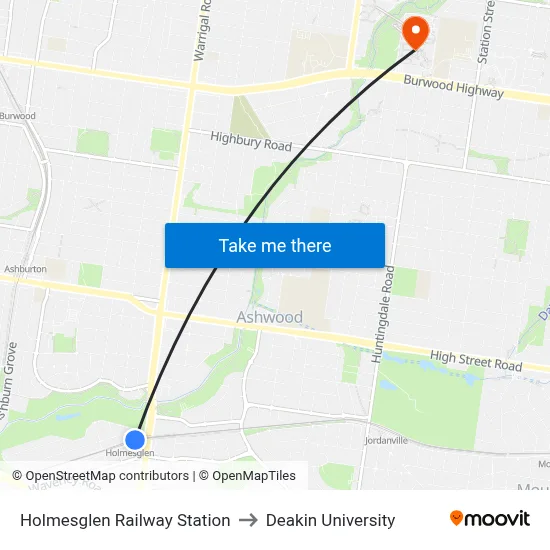 Holmesglen Railway Station to Deakin University map