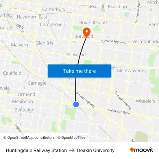 Huntingdale Railway Station to Deakin University map