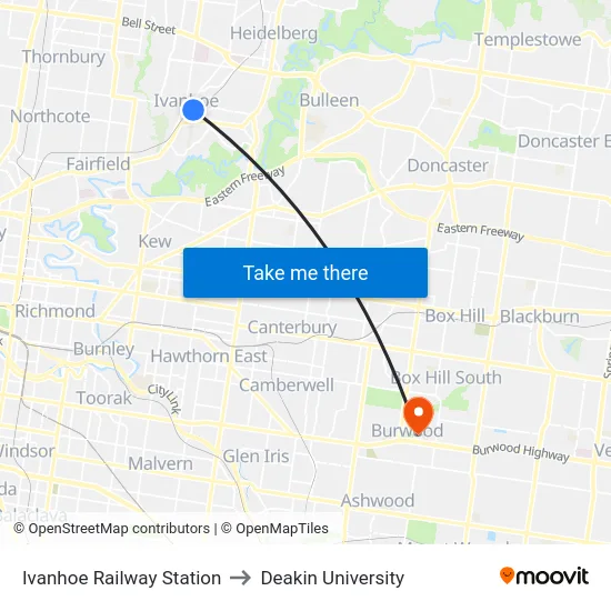 Ivanhoe Railway Station to Deakin University map