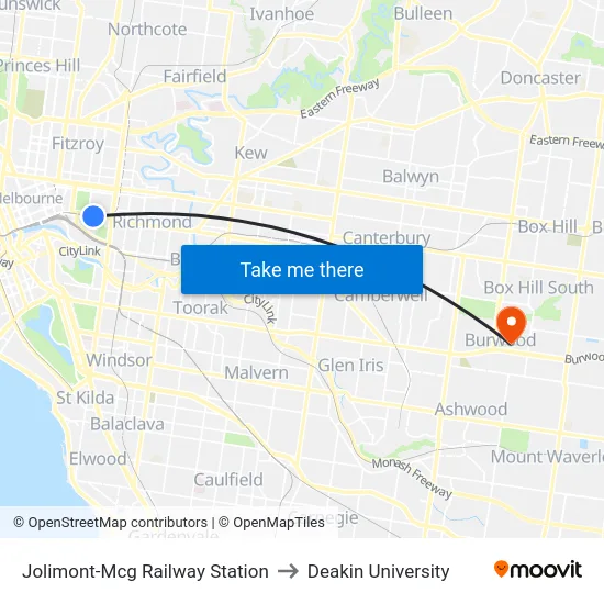 Jolimont-Mcg Railway Station to Deakin University map