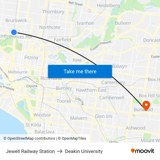 Jewell Railway Station to Deakin University map