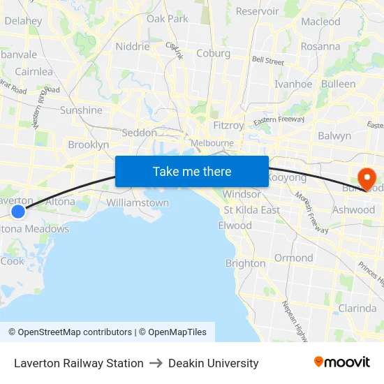 Laverton Railway Station to Deakin University map
