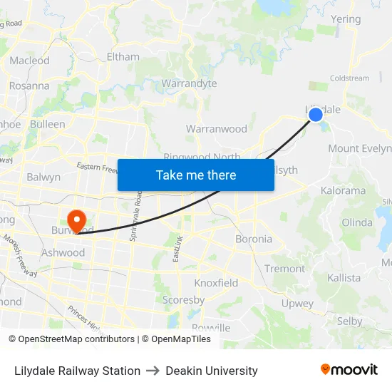 Lilydale Railway Station to Deakin University map