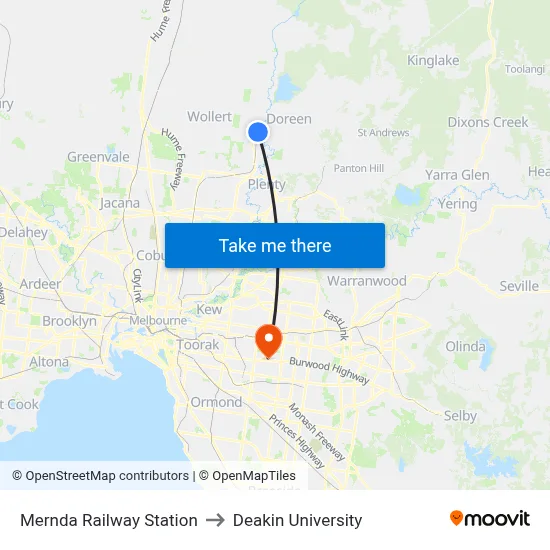 Mernda Railway Station to Deakin University map