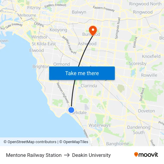 Mentone Railway Station to Deakin University map