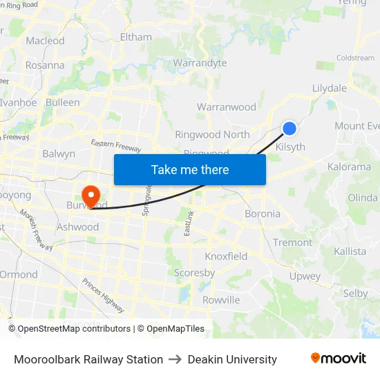 Mooroolbark Railway Station to Deakin University map