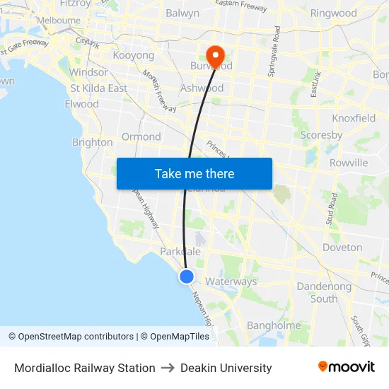 Mordialloc Railway Station to Deakin University map