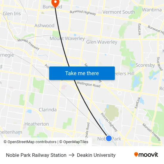 Noble Park Railway Station to Deakin University map