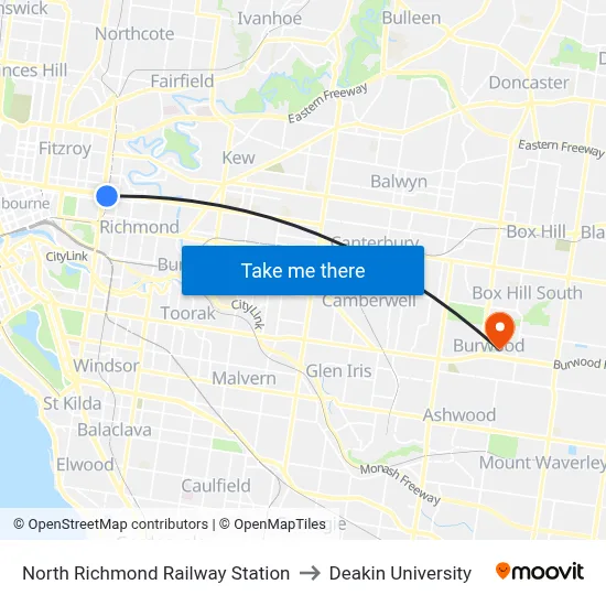 North Richmond Railway Station to Deakin University map