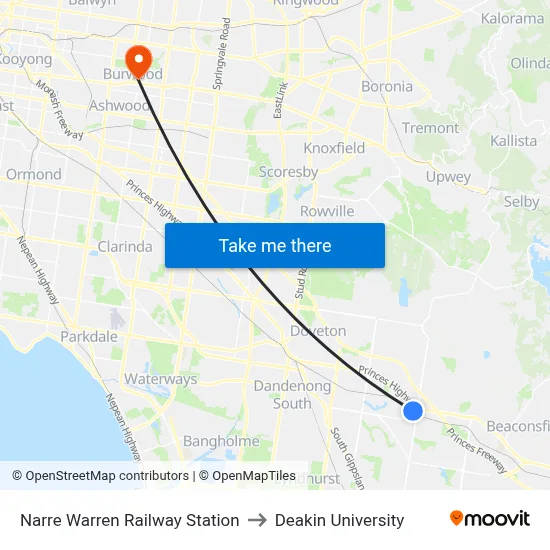 Narre Warren Railway Station to Deakin University map