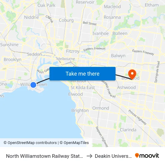 North Williamstown Railway Station to Deakin University map