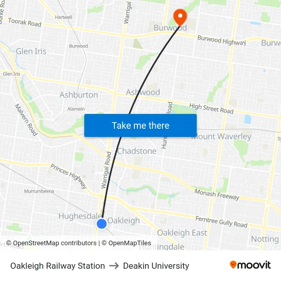 Oakleigh Railway Station to Deakin University map
