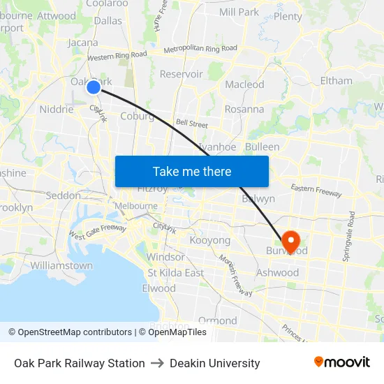 Oak Park Railway Station to Deakin University map