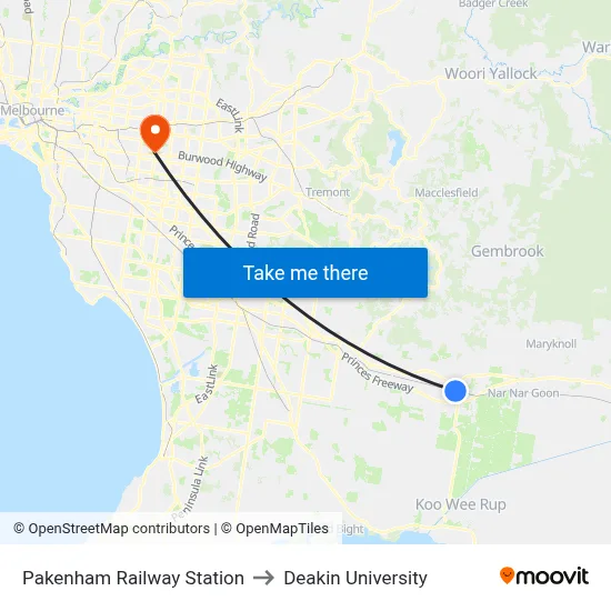 Pakenham Railway Station to Deakin University map