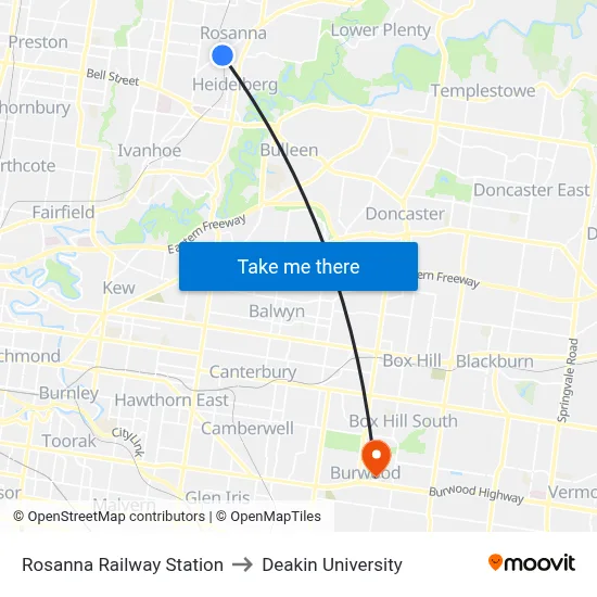 Rosanna Railway Station to Deakin University map