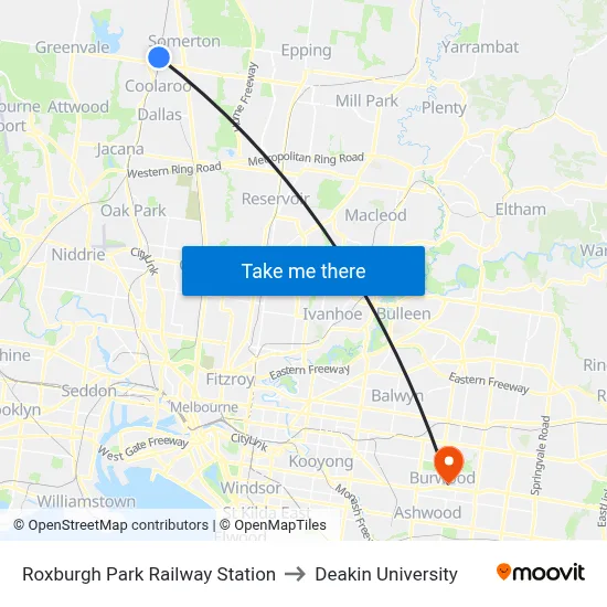 Roxburgh Park Railway Station to Deakin University map