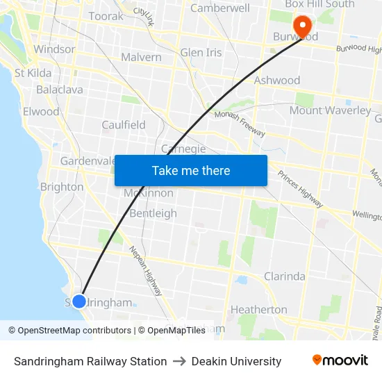Sandringham Railway Station to Deakin University map