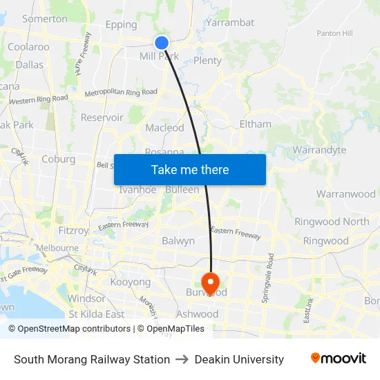 South Morang Railway Station to Deakin University map