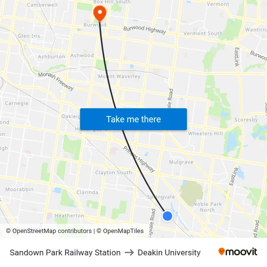 Sandown Park Railway Station to Deakin University map