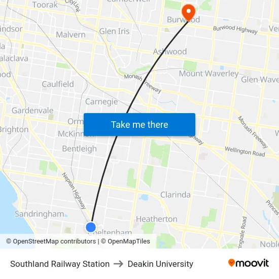 Southland Railway Station to Deakin University map
