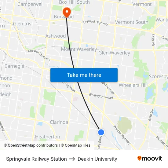 Springvale Railway Station to Deakin University map