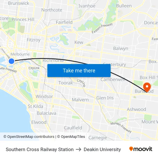 Southern Cross Railway Station to Deakin University map