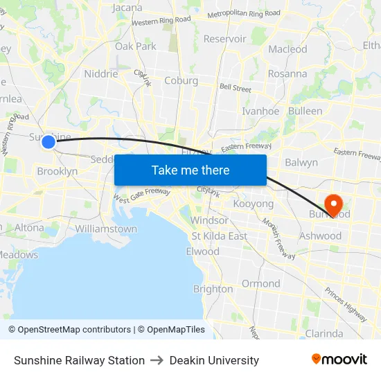 Sunshine Railway Station to Deakin University map