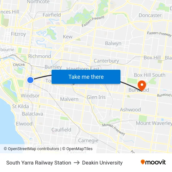 South Yarra Railway Station to Deakin University map