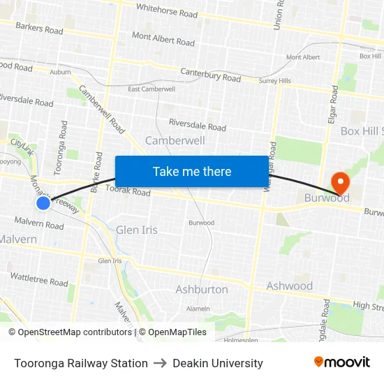 Tooronga Railway Station to Deakin University map