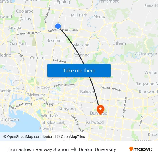Thomastown Railway Station to Deakin University map