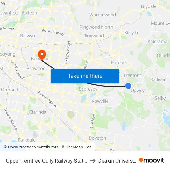 Upper Ferntree Gully Railway Station to Deakin University map
