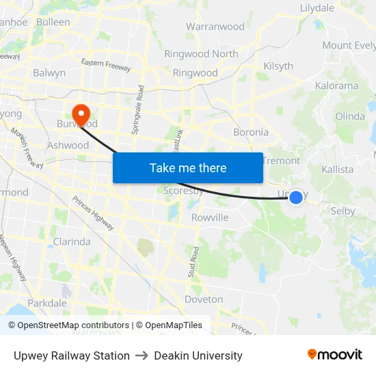 Upwey Railway Station to Deakin University map