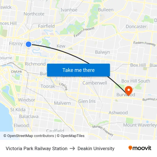 Victoria Park Railway Station to Deakin University map