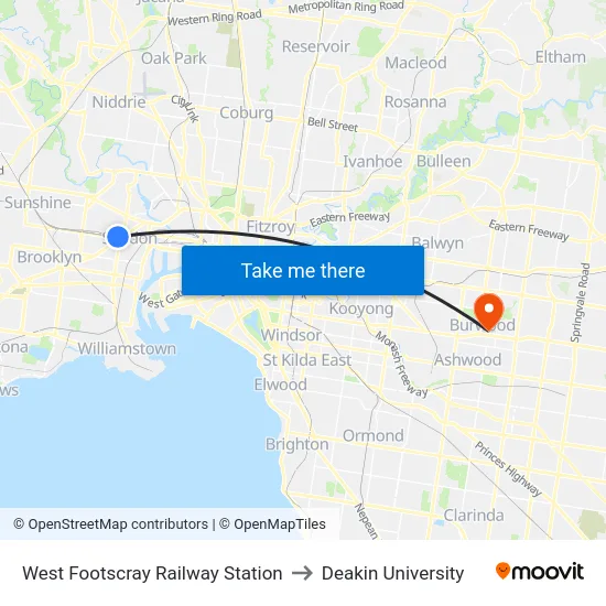 West Footscray Railway Station to Deakin University map