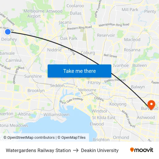 Watergardens Railway Station to Deakin University map