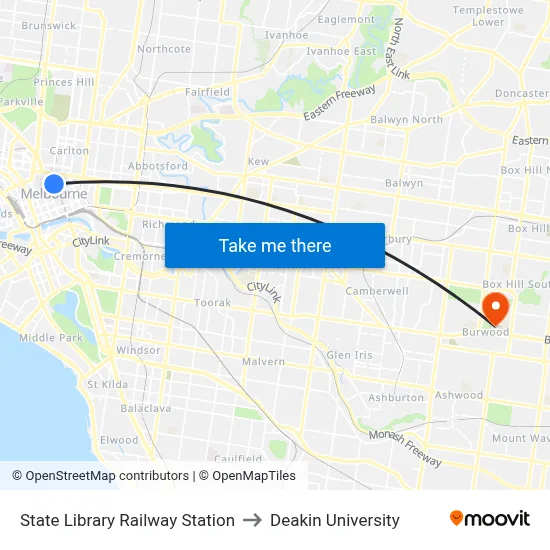 State Library Railway Station to Deakin University map