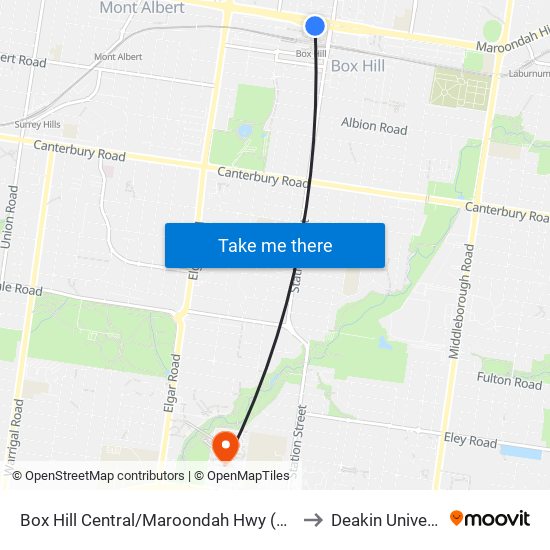 Box Hill Central/Maroondah Hwy (Box Hill) to Deakin University map