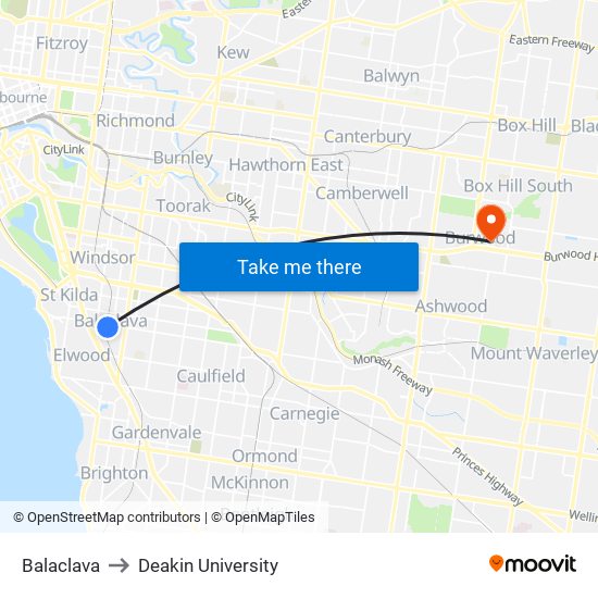 Balaclava to Deakin University map