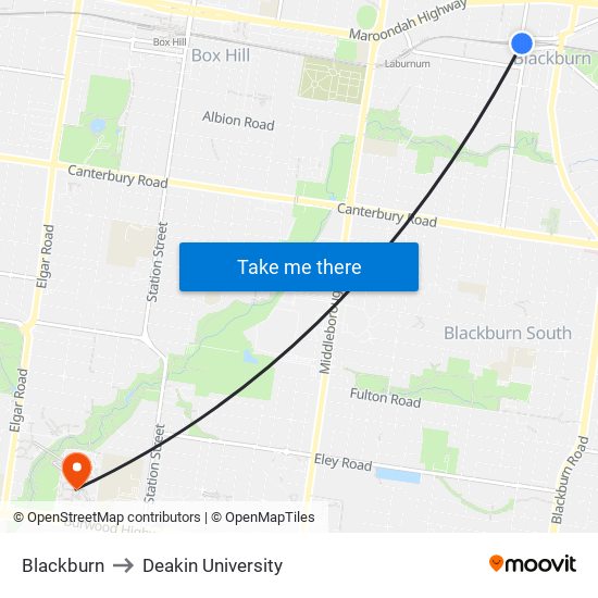 Blackburn to Deakin University map