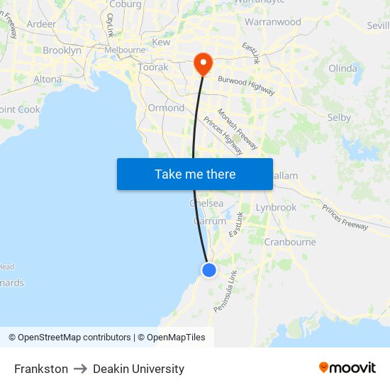 Frankston to Deakin University map