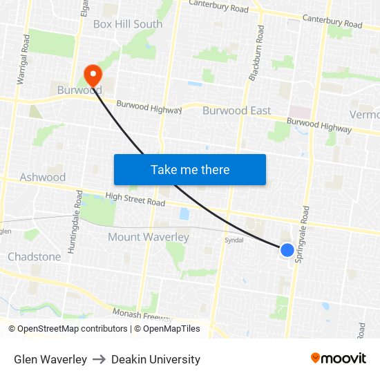 Glen Waverley to Deakin University map