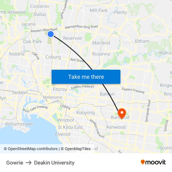 Gowrie to Deakin University map