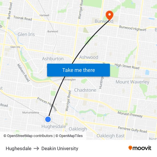 Hughesdale to Deakin University map