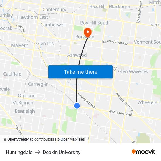 Huntingdale to Deakin University map